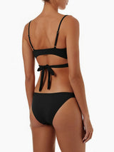 Back view of a woman wearing a black wrap bikini set