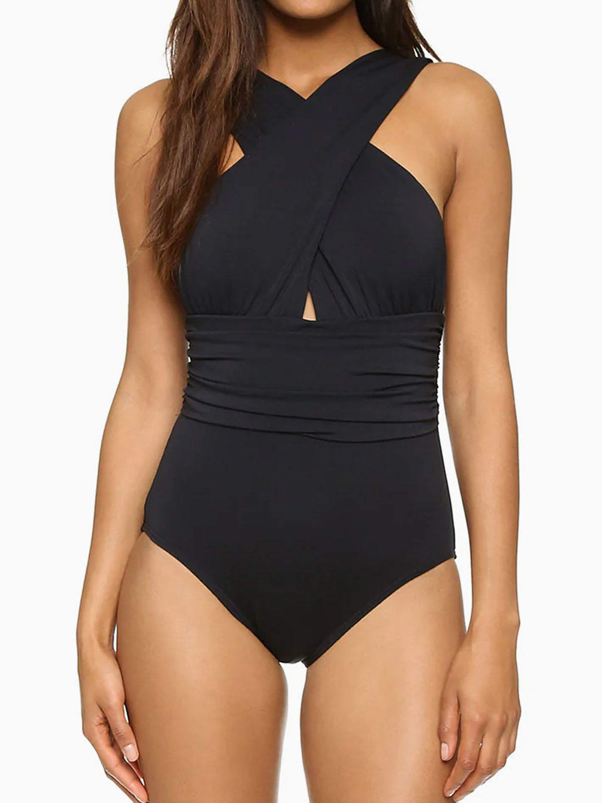 Black one-piece swimsuit with cross-over halter neckline and ruched waist, front view