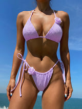 Lavender textured bikini with floral applique