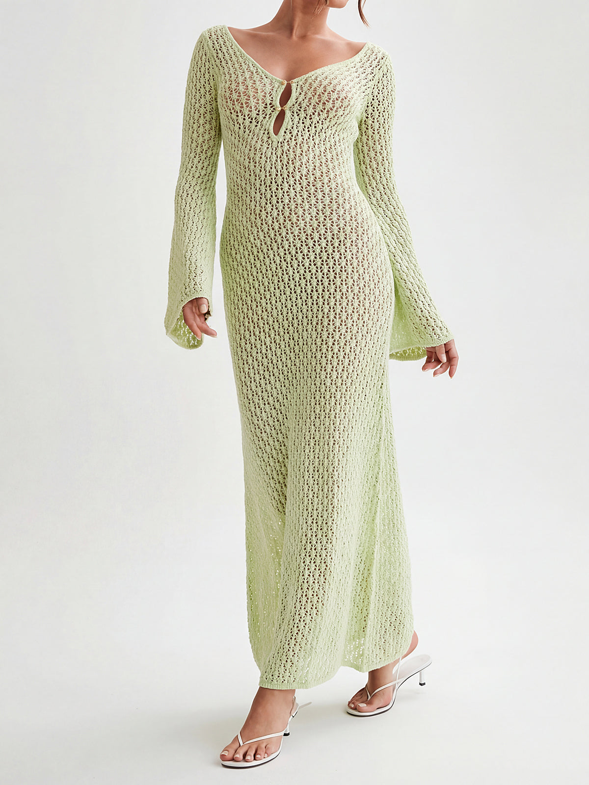 Crochet maxi dress with long sleeves and V-neckline - View 8 | Coveka