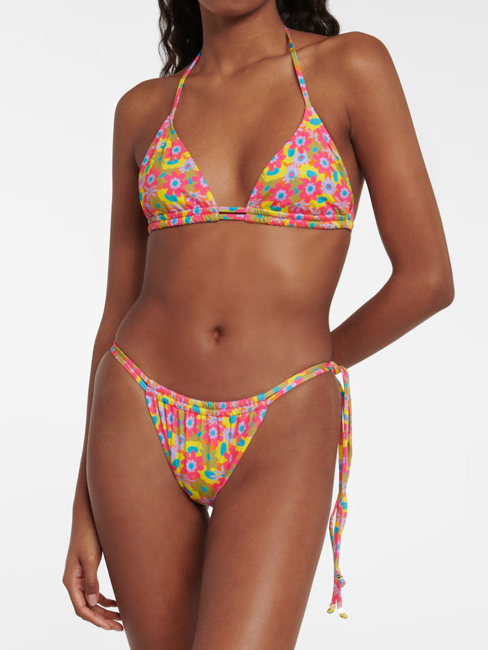 Front view of a floral print bikini set with halterneck top and tie-side bottoms