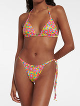 Front view of a floral print bikini set with halterneck top and tie-side bottoms