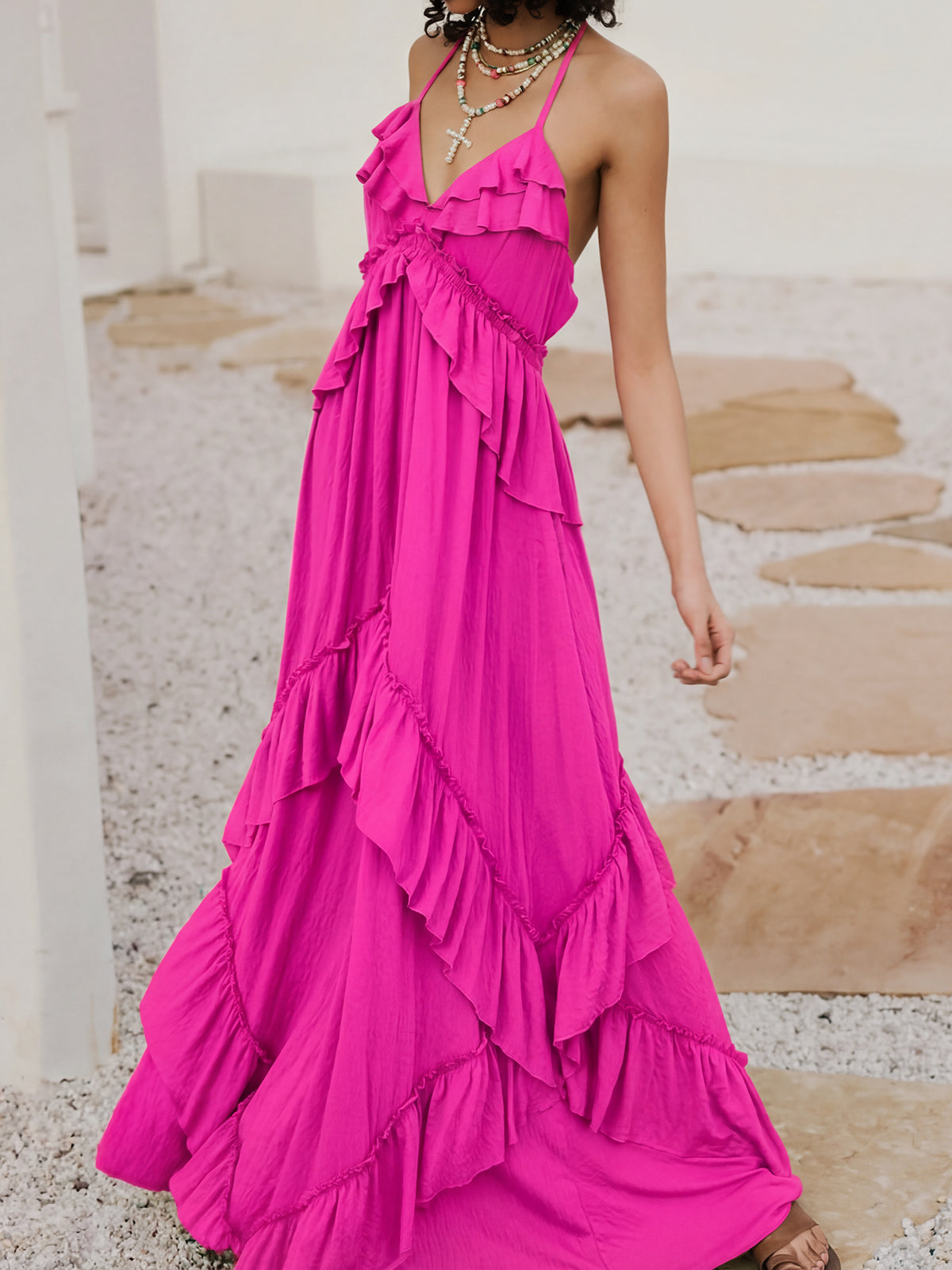 Boho Halter Tie Back Tiered Ruffle Resort Crinkled Babydoll Maxi Dress