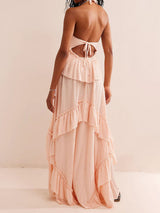 Boho Halter Tie Back Tiered Ruffle Resort Crinkled Babydoll Maxi Dress