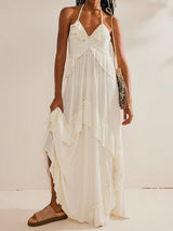 Boho Halter Tie Back Tiered Ruffle Resort Crinkled Babydoll Maxi Dress