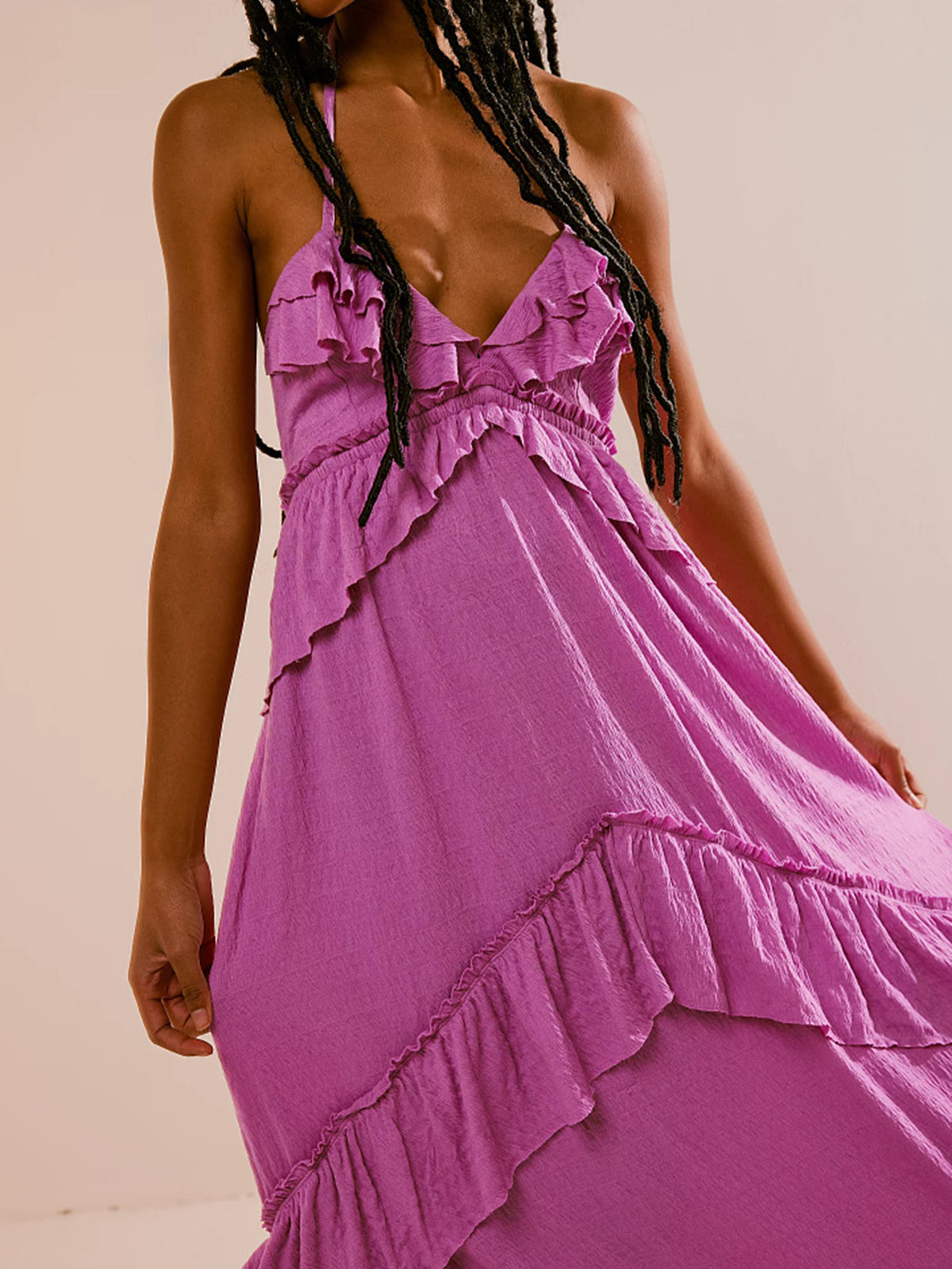 Boho Halter Tie Back Tiered Ruffle Resort Crinkled Babydoll Maxi Dress