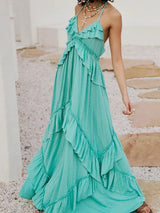 Boho Halter Tie Back Tiered Ruffle Resort Crinkled Babydoll Maxi Dress