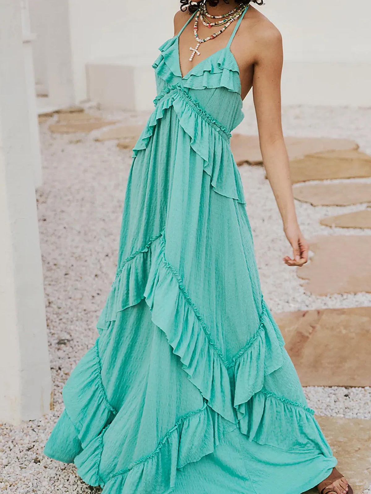 Boho Halter Tie Back Tiered Ruffle Resort Crinkled Babydoll Maxi Dress