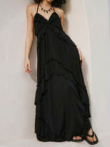 Boho Halter Tie Back Tiered Ruffle Resort Crinkled Babydoll Maxi Dress