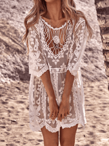 Close-up of a white lace beach cover-up with intricate detailing.