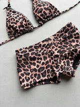 Close-up of the leopard print boy short bikini bottom.