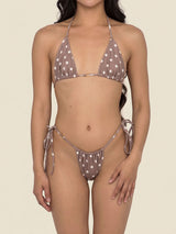 Taupe polka dot bikini with white dots