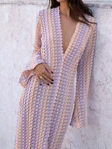 Resort Scalloped V Neck Bell Sleeve Crochet Knit Maxi Dress