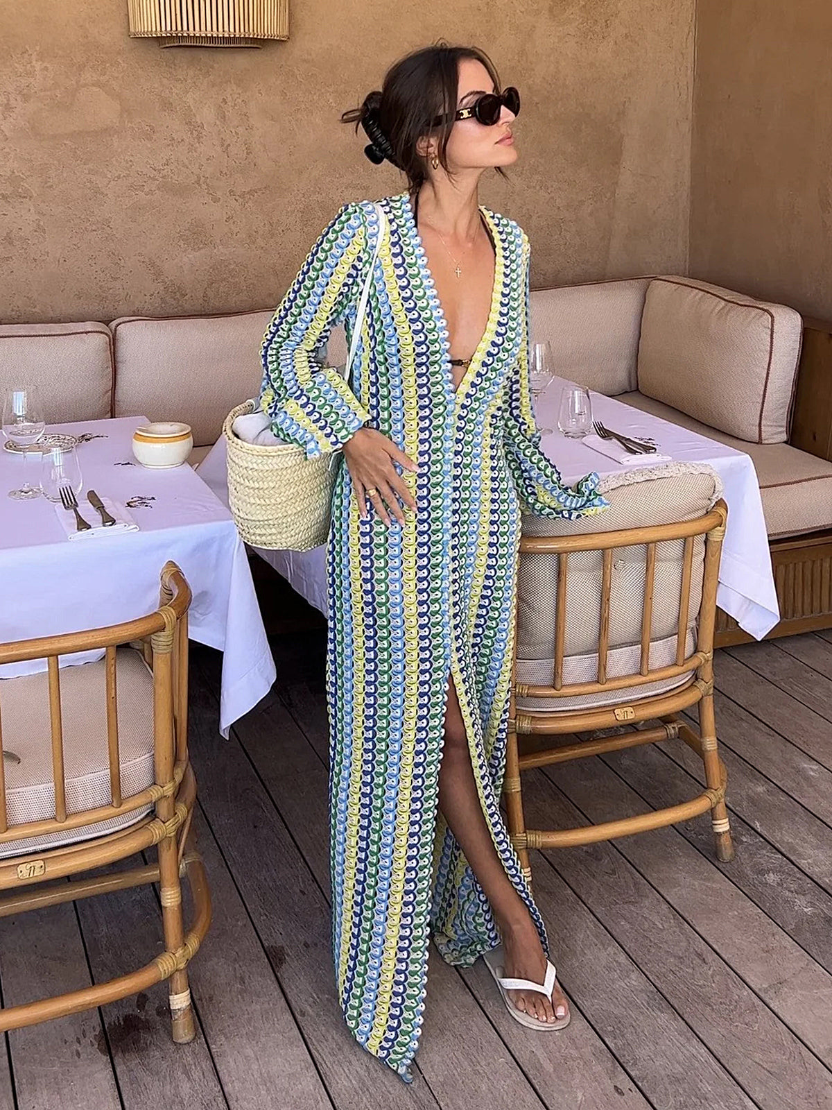 Resort Scalloped V Neck Bell Sleeve Crochet Knit Maxi Dress