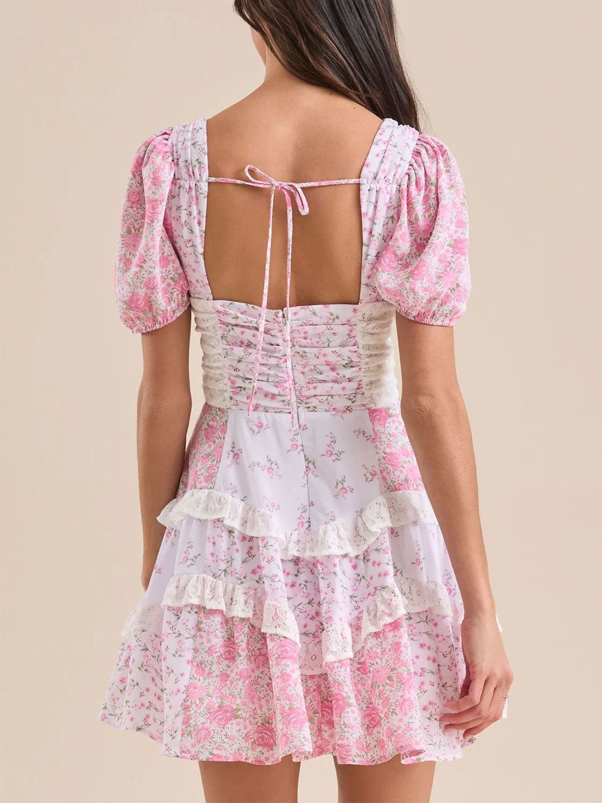 Retro Floral Puff Sleeve Pleated Resort Lace Tiered Ruffle Mini Dress