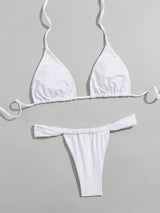 White ribbed bikini set laid flat, showing top and bottom