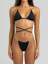 Front view of a black bikini with gold chain accents and wrap-around straps.