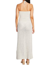 Front view of a cream crochet knit strapless maxi dress with a halter tie and cut-out detail