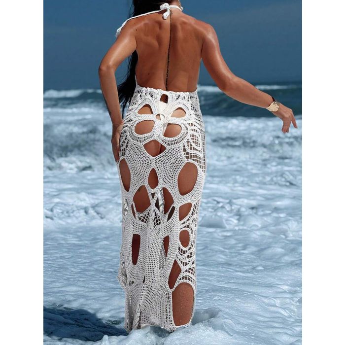 Flattering Cutout Halter Tie Backless Beach Crochet Cover-Up Maxi D…