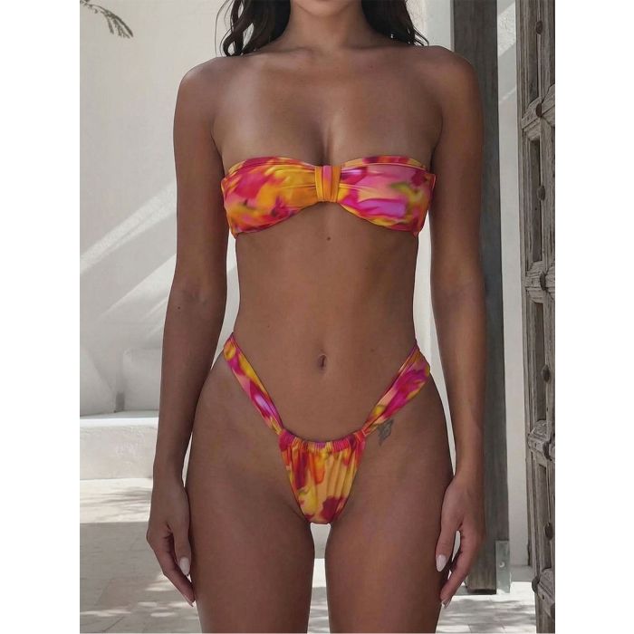 Flattering High-Leg Slider High-Cut Tropical Bandeau Two-Piece Biki…