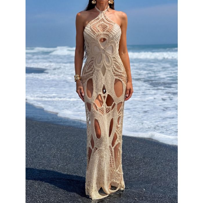 Flattering Cutout Halter Tie Backless Beach Crochet Cover-Up Maxi D…