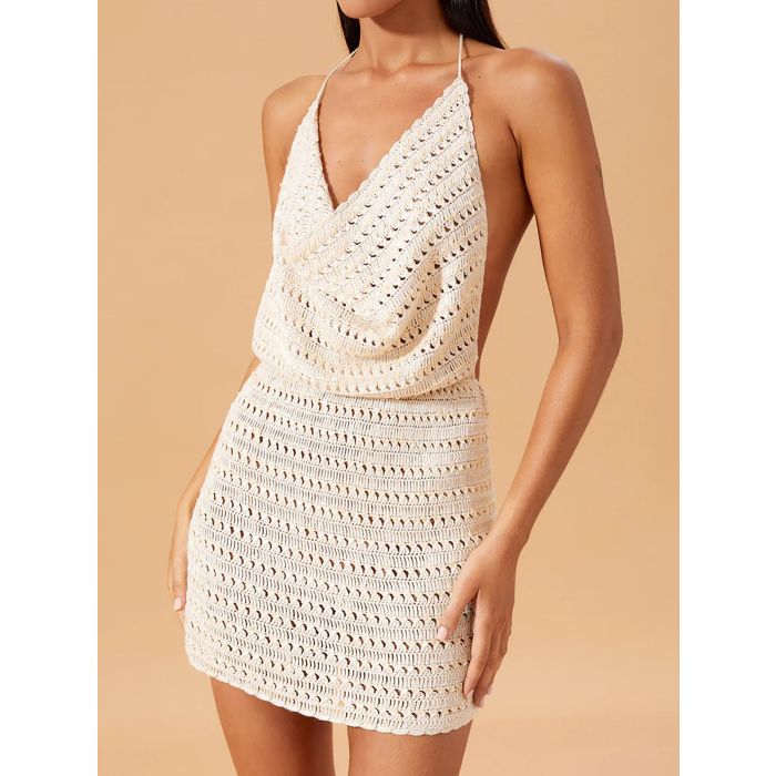Flattering Backless Cowl Neck Halter Beach Crochet Knit Cover-Up Mi…