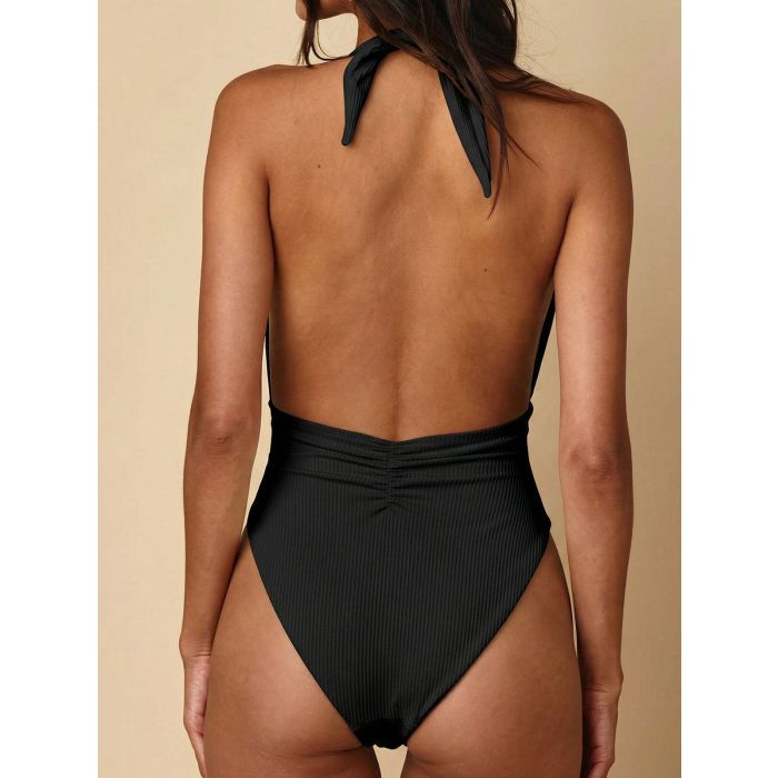Flattering Plunge Halter Ribbed Scrunch High-Cut Low Back One-Piece…