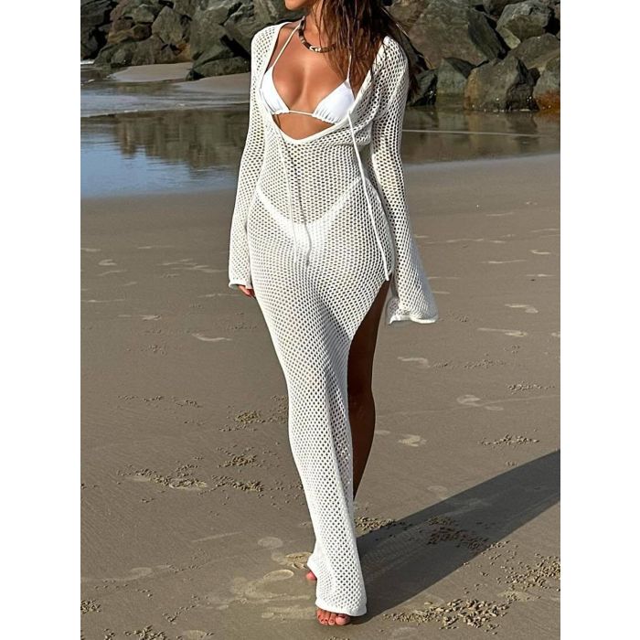Flattering Deep V Tie Front Flared Sleeve Beach Crochet Cover-Up Ma…