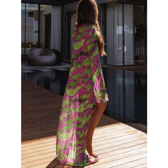Flowy Striped Deep V Tie Front Long Sleeve Maxi Cover-Up