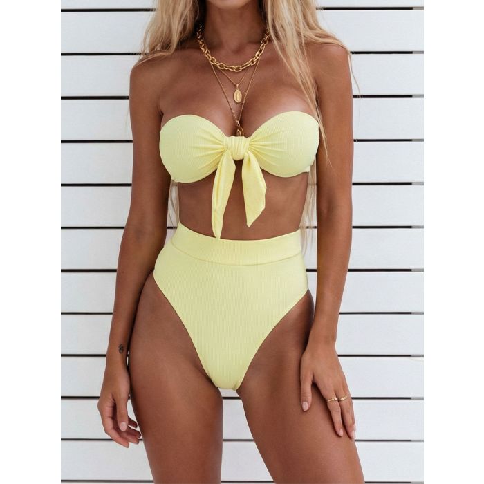 Classic High Waist High-Cut Bow Tie Ribbed Bandeau Two-Piece Bikini…