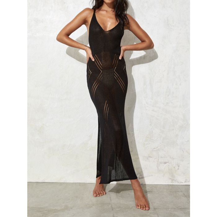 Flattering Deep V-Neck Sleeveless Open Knit Slit Beach Crochet Maxi…