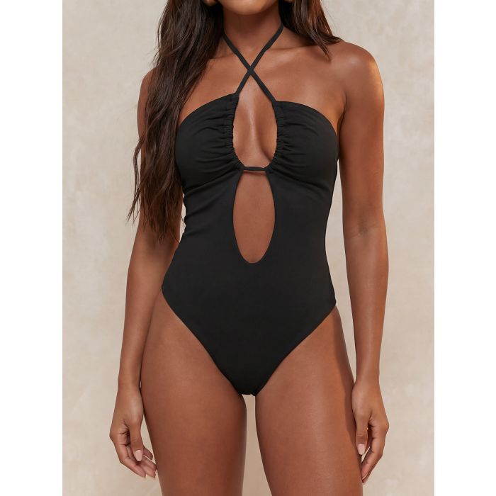 Flattering Cross Halter Tie High-Cut Ruched Cutout One-Piece Swimsu…