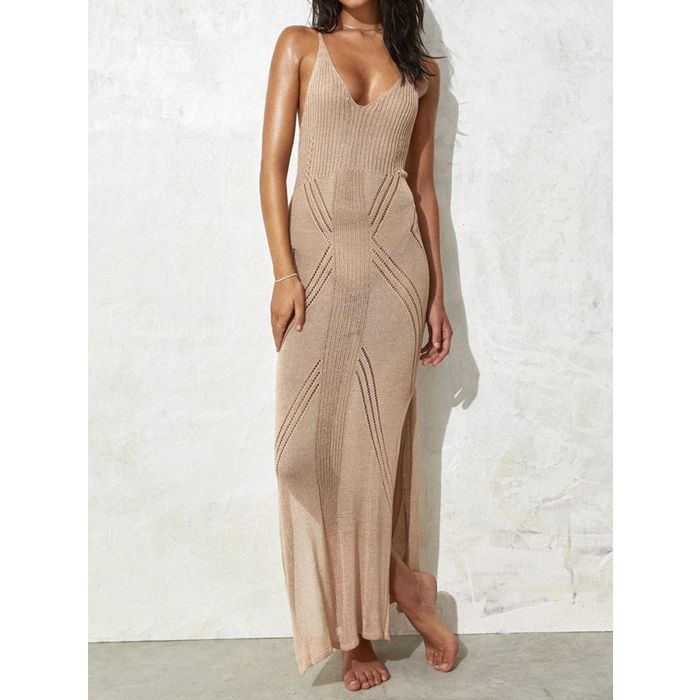 Flattering Deep V-Neck Sleeveless Open Knit Slit Beach Crochet Maxi…
