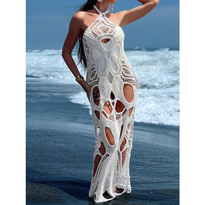 Flattering Cutout Halter Tie Backless Beach Crochet Cover-Up Maxi D…
