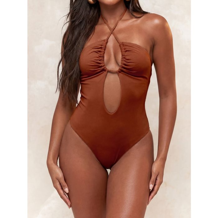 Flattering Cross Halter Tie High-Cut Ruched Cutout One-Piece Swimsu…