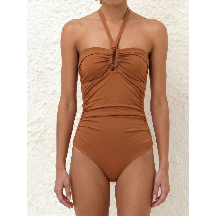 Athletic Solid Ruched Moderate O Ring Halter One-Piece Swimsuit