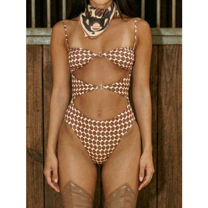 Relaxed Geometric High-Leg Scrunch Cutout One-Piece Swimsuit