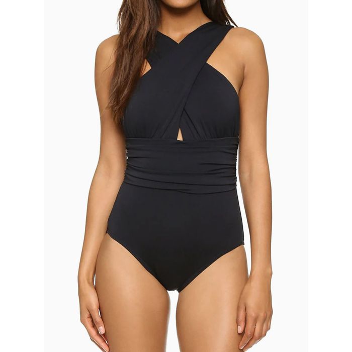 Athletic Wide Strap Moderate Ruched Wrap Front One-Piece Swimsuit