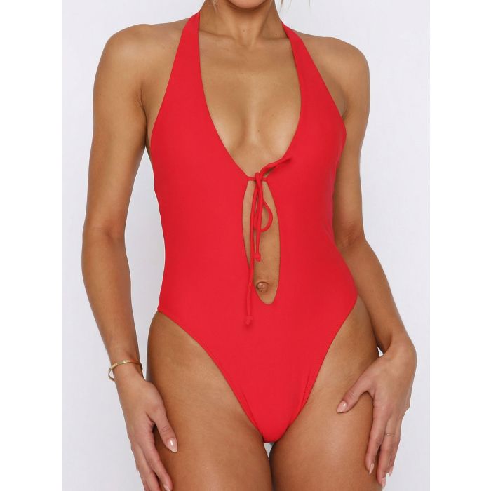 Flattering Low Back High-Leg Tie Front Cutout Halter One-Piece Swim…