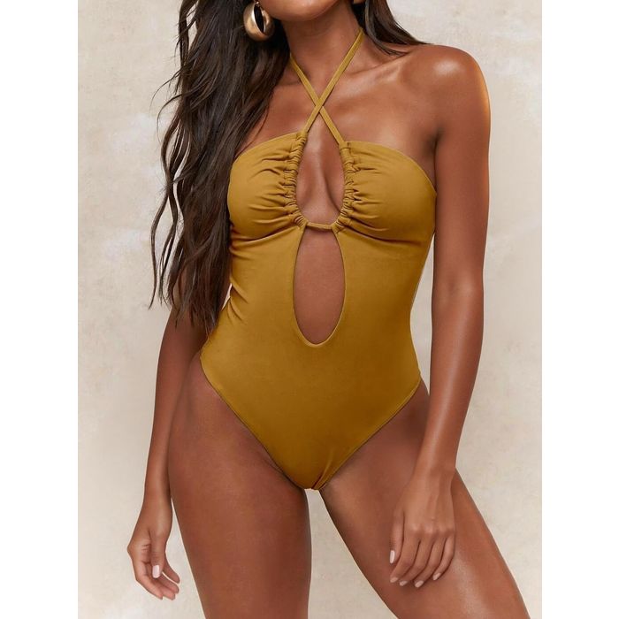 Flattering Cross Halter Tie High-Cut Ruched Cutout One-Piece Swimsu…