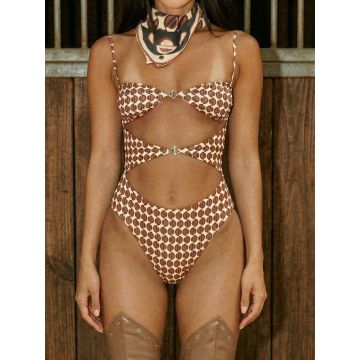 Relaxed Geometric High-Leg Scrunch Cutout One-Piece Swimsuit